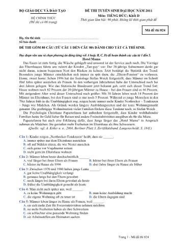 Đề thi tuyển sinh Đại học môn Tiếng Đức - Khối D - Mã đề: 824 - Năm học 2011 (Có đáp án)