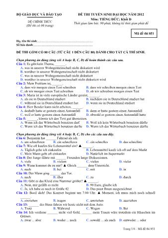 Đề thi tuyển sinh Đại học môn Tiếng Đức - Khối D - Mã đề: 851 - Năm học 2012 (Có đáp án)