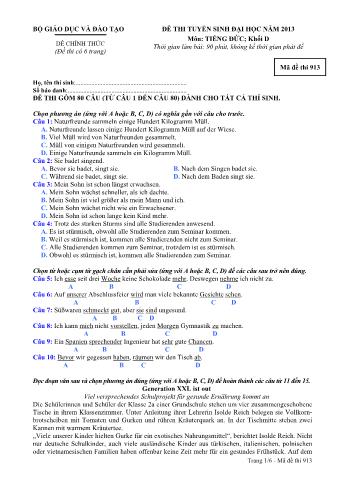 Đề thi tuyển sinh Đại học môn Tiếng Đức - Khối D - Mã đề: 913 - Năm học 2013 (Có đáp án)