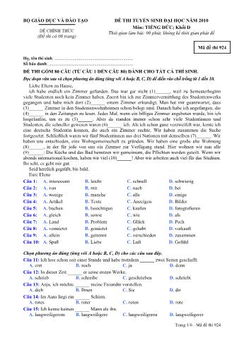 Đề thi tuyển sinh Đại học môn Tiếng Đức - Khối D - Mã đề: 924 - Năm học 2010 (Có đáp án)