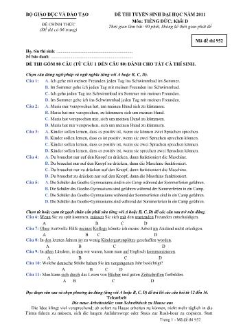 Đề thi tuyển sinh Đại học môn Tiếng Đức - Khối D - Mã đề: 952 - Năm học 2011 (Có đáp án)