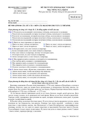 Đề thi tuyển sinh Đại học môn Tiếng Nga - Khối D - Mã đề: 162 - Năm học 2010 (Có đáp án)