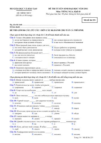 Đề thi tuyển sinh Đại học môn Tiếng Nga - Khối D - Mã đề: 251 - Năm học 2011 (Có đáp án)