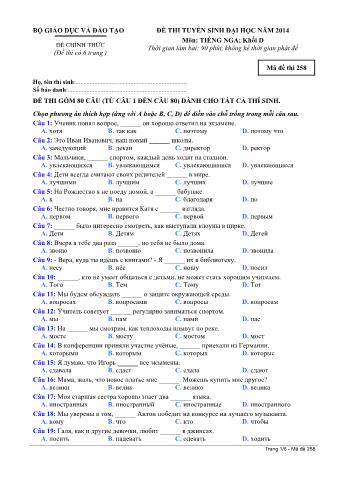 Đề thi tuyển sinh Đại học môn Tiếng Nga - Khối D - Mã đề: 258 - Năm học 2014 (Có đáp án)