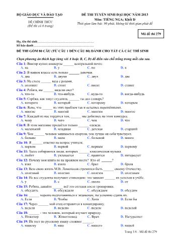 Đề thi tuyển sinh Đại học môn Tiếng Nga - Khối D - Mã đề: 279 - Năm học 2013 (Có đáp án)