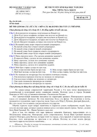 Đề thi tuyển sinh Đại học môn Tiếng Nga - Khối D - Mã đề: 357 - Năm học 2014 (Có đáp án)