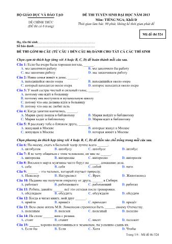 Đề thi tuyển sinh Đại học môn Tiếng Nga - Khối D - Mã đề: 524 - Năm học 2013 (Có đáp án)