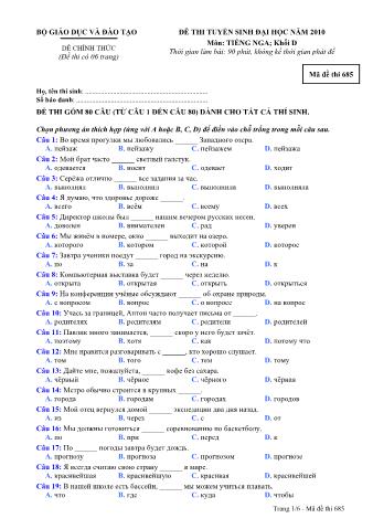 Đề thi tuyển sinh Đại học môn Tiếng Nga - Khối D - Mã đề: 685 - Năm học 2010 (Có đáp án)