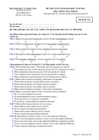 Đề thi tuyển sinh Đại học môn Tiếng Nga - Khối D - Mã đề: 724 - Năm học 2012 (Có đáp án)