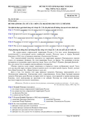 Đề thi tuyển sinh Đại học môn Tiếng Nga - Khối D - Mã đề: 792 - Năm học 2014 (Có đáp án)