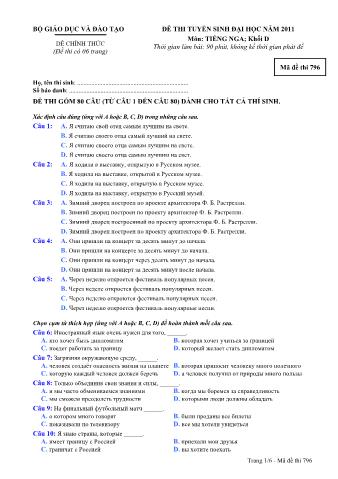 Đề thi tuyển sinh Đại học môn Tiếng Nga - Khối D - Mã đề: 796 - Năm học 2011 (Có đáp án)