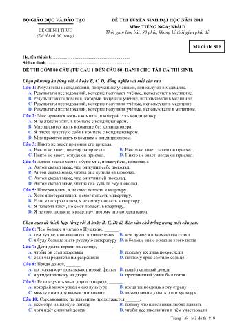 Đề thi tuyển sinh Đại học môn Tiếng Nga - Khối D - Mã đề: 819 - Năm học 2010 (Có đáp án)