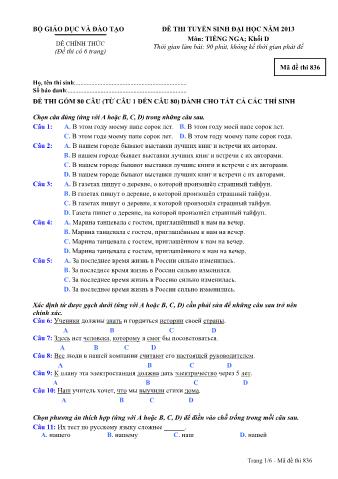 Đề thi tuyển sinh Đại học môn Tiếng Nga - Khối D - Mã đề: 836 - Năm học 2013 (Có đáp án)