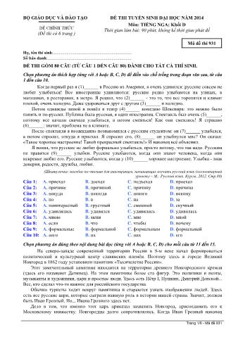 Đề thi tuyển sinh Đại học môn Tiếng Nga - Khối D - Mã đề: 931 - Năm học 2014 (Có đáp án)