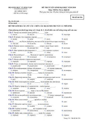 Đề thi tuyển sinh Đại học môn Tiếng Nga - Khối D - Mã đề: 936 - Năm học 2010 (Có đáp án)