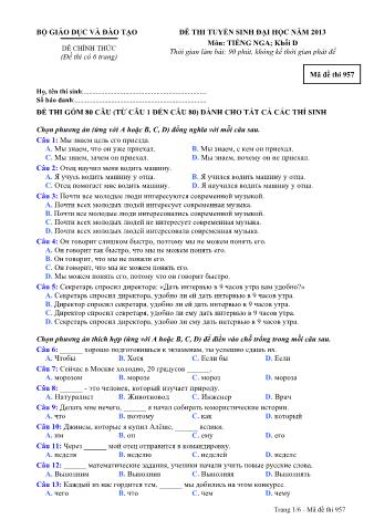 Đề thi tuyển sinh Đại học môn Tiếng Nga - Khối D - Mã đề: 957 - Năm học 2013 (Có đáp án)