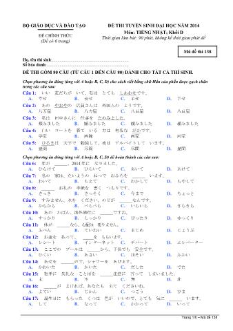 Đề thi tuyển sinh Đại học môn Tiếng Nhật - Khối D - Mã đề: 138 - Năm học 2014 (Có đáp án)