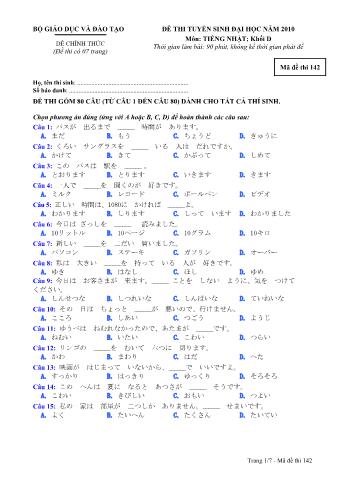 Đề thi tuyển sinh Đại học môn Tiếng Nhật - Khối D - Mã đề: 142 - Năm học 2010 (Có đáp án)