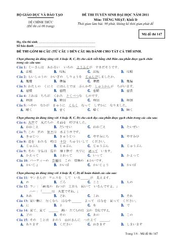 Đề thi tuyển sinh Đại học môn Tiếng Nhật - Khối D - Mã đề: 147 - Năm học 2011 (Có đáp án)
