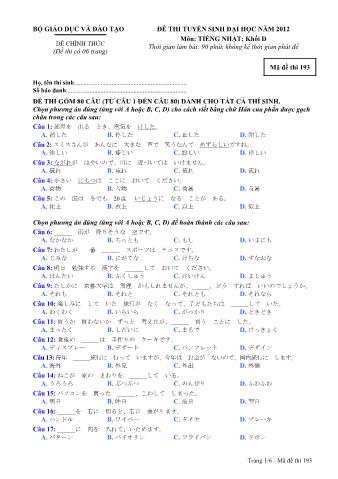 Đề thi tuyển sinh Đại học môn Tiếng Nhật - Khối D - Mã đề: 193 - Năm học 2012 (Có đáp án)