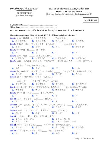 Đề thi tuyển sinh Đại học môn Tiếng Nhật - Khối D - Mã đề: 364 - Năm học 2010 (Có đáp án)