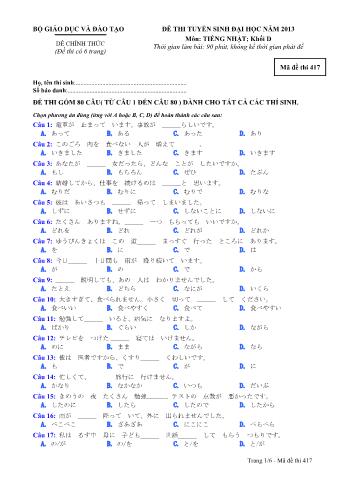 Đề thi tuyển sinh Đại học môn Tiếng Nhật - Khối D - Mã đề: 417 - Năm học 2013 (Có đáp án)
