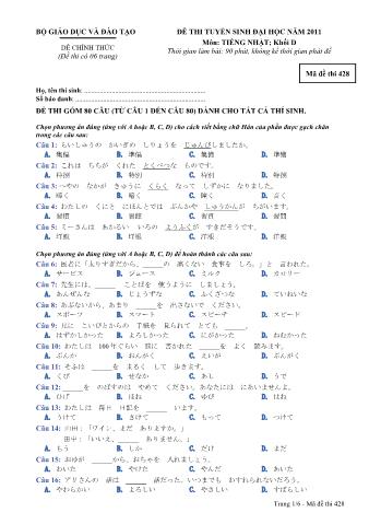 Đề thi tuyển sinh Đại học môn Tiếng Nhật - Khối D - Mã đề: 428 - Năm học 2011 (Có đáp án)