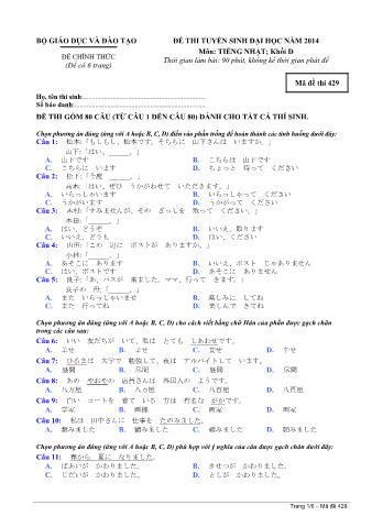 Đề thi tuyển sinh Đại học môn Tiếng Nhật - Khối D - Mã đề: 429 - Năm học 2014 (Có đáp án)