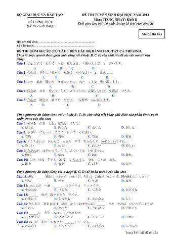 Đề thi tuyển sinh Đại học môn Tiếng Nhật - Khối D - Mã đề: 463 - Năm học 2012 (Có đáp án)
