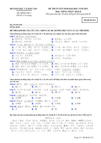 Đề thi tuyển sinh Đại học môn Tiếng Nhật - Khối D - Mã đề: 512 - Năm học 2013 (Có đáp án)