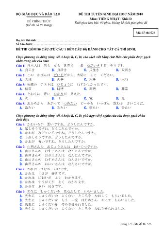 Đề thi tuyển sinh Đại học môn Tiếng Nhật - Khối D - Mã đề: 526 - Năm học 2010 (Có đáp án)