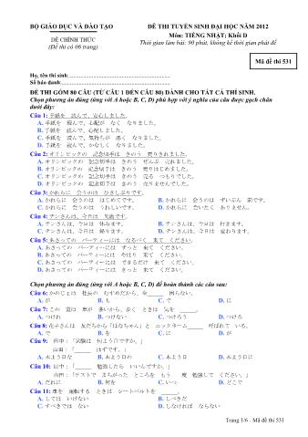 Đề thi tuyển sinh Đại học môn Tiếng Nhật - Khối D - Mã đề: 531 - Năm học 2012 (Có đáp án)