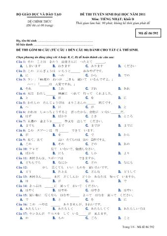 Đề thi tuyển sinh Đại học môn Tiếng Nhật - Khối D - Mã đề: 592 - Năm học 2011 (Có đáp án)