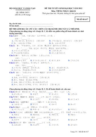 Đề thi tuyển sinh Đại học môn Tiếng Nhật - Khối D - Mã đề: 617 - Năm học 2012 (Có đáp án)