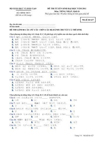 Đề thi tuyển sinh Đại học môn Tiếng Nhật - Khối D - Mã đề: 627 - Năm học 2011 (Có đáp án)