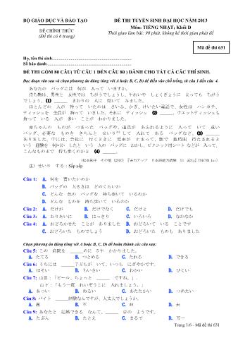 Đề thi tuyển sinh Đại học môn Tiếng Nhật - Khối D - Mã đề: 631 - Năm học 2013 (Có đáp án)