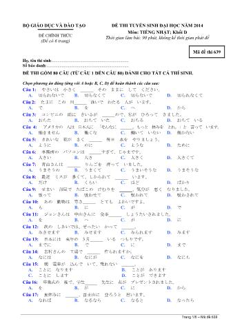 Đề thi tuyển sinh Đại học môn Tiếng Nhật - Khối D - Mã đề: 639 - Năm học 2014 (Có đáp án)