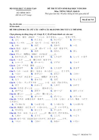 Đề thi tuyển sinh Đại học môn Tiếng Nhật - Khối D - Mã đề: 715 - Năm học 2010 (Có đáp án)