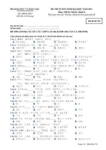 Đề thi tuyển sinh Đại học môn Tiếng Nhật - Khối D - Mã đề: 715 - Năm học 2011 (Có đáp án)