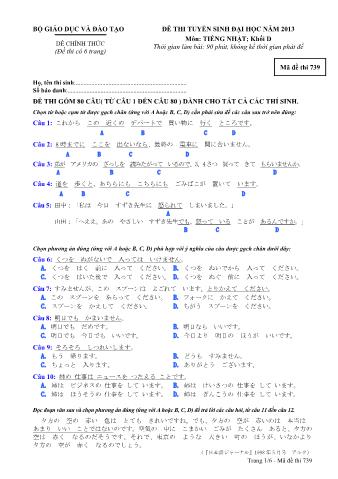 Đề thi tuyển sinh Đại học môn Tiếng Nhật - Khối D - Mã đề: 739 - Năm học 2013 (Có đáp án)