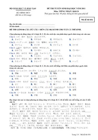 Đề thi tuyển sinh Đại học môn Tiếng Nhật - Khối D - Mã đề: 836 - Năm học 2011 (Có đáp án)