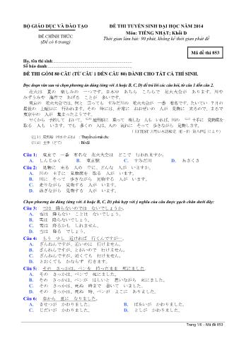 Đề thi tuyển sinh Đại học môn Tiếng Nhật - Khối D - Mã đề: 853 - Năm học 2014 (Có đáp án)