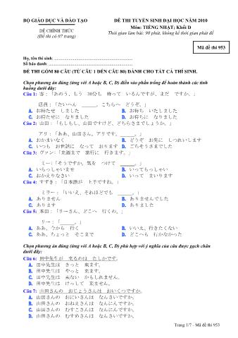 Đề thi tuyển sinh Đại học môn Tiếng Nhật - Khối D - Mã đề: 953 - Năm học 2010 (Có đáp án)