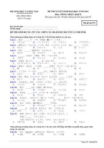 Đề thi tuyển sinh Đại học môn Tiếng Nhật - Khối D - Mã đề: 972 - Năm học 2014 (Có đáp án)