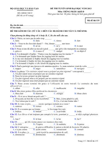 Đề thi tuyển sinh Đại học môn Tiếng Pháp - Khối D - Mã đề: 135 - Năm học 2013 (Có đáp án)