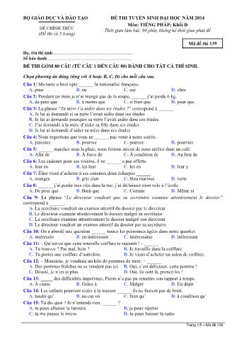 Đề thi tuyển sinh Đại học môn Tiếng Pháp - Khối D - Mã đề: 139 - Năm học 2014 (Có đáp án)