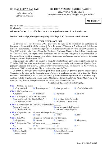 Đề thi tuyển sinh Đại học môn Tiếng Pháp - Khối D - Mã đề: 147 - Năm học 2010 (Có đáp án)