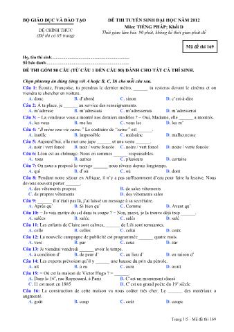 Đề thi tuyển sinh Đại học môn Tiếng Pháp - Khối D - Mã đề: 169 - Năm học 2012 (Có đáp án)