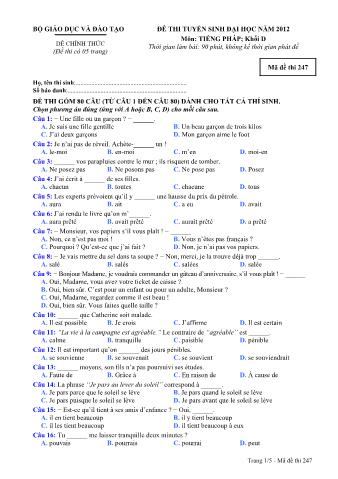 Đề thi tuyển sinh Đại học môn Tiếng Pháp - Khối D - Mã đề: 247 - Năm học 2012 (Có đáp án)