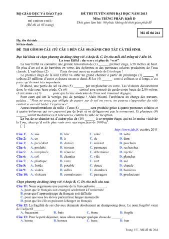 Đề thi tuyển sinh Đại học môn Tiếng Pháp - Khối D - Mã đề: 264 - Năm học 2013 (Có đáp án)